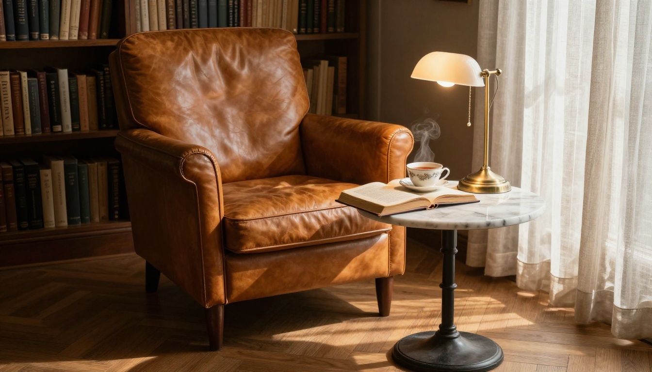 Cozy storytelling reading nook with leather armchair and brass lamp Cozy storytelling reading nook with leather armchair and brass lamp