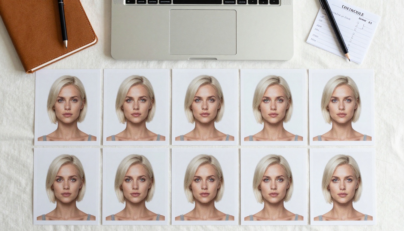 Top-down flat-lay of twenty cropped portrait prints used as LoRA training data