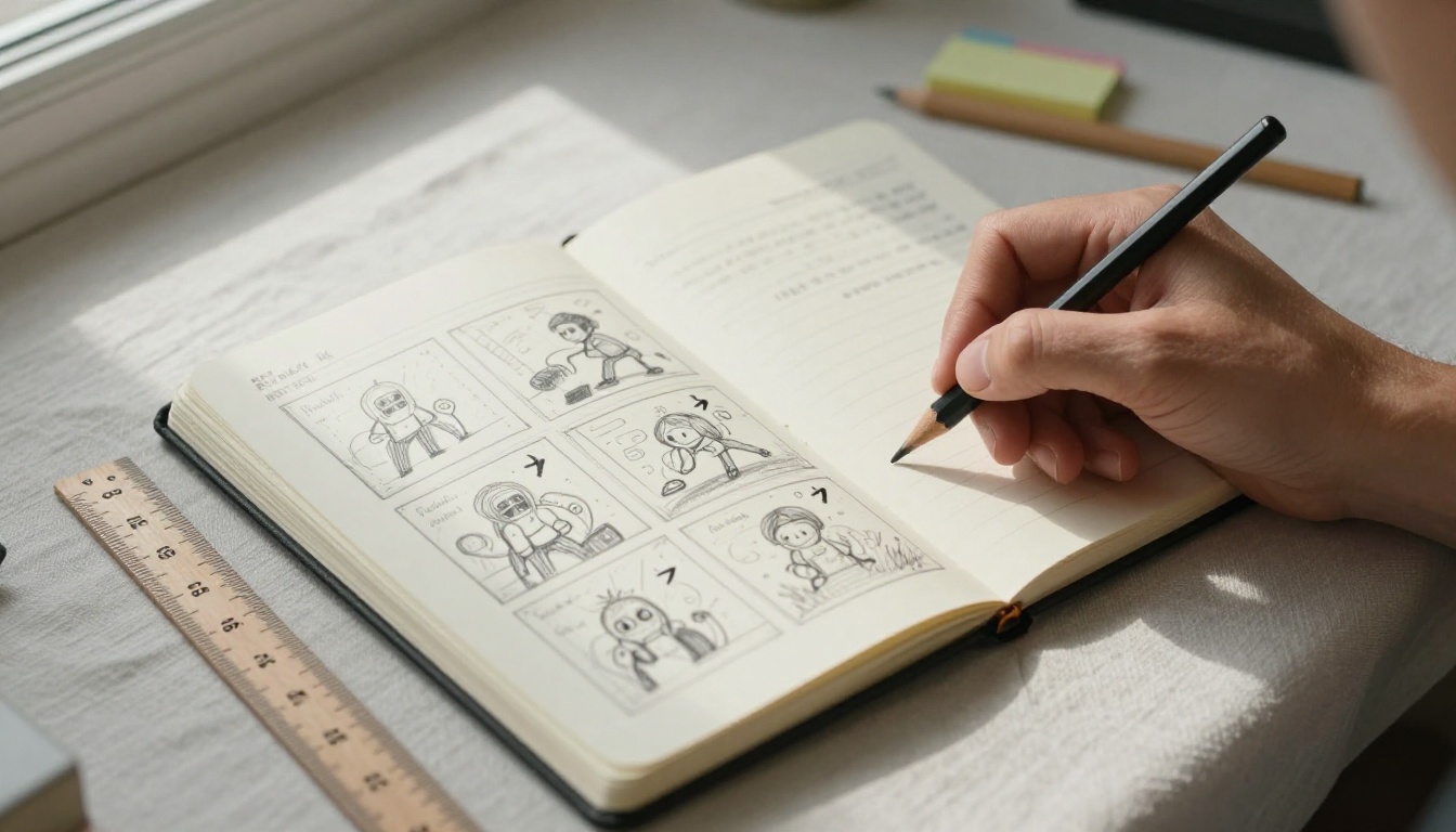 Storyboard sketches drawn in a black hardcover notebook