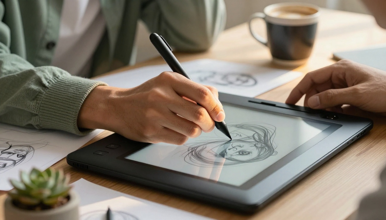 Hand sketching on a glowing drawing tablet at golden hour Hand sketching on a glowing drawing tablet at golden hour