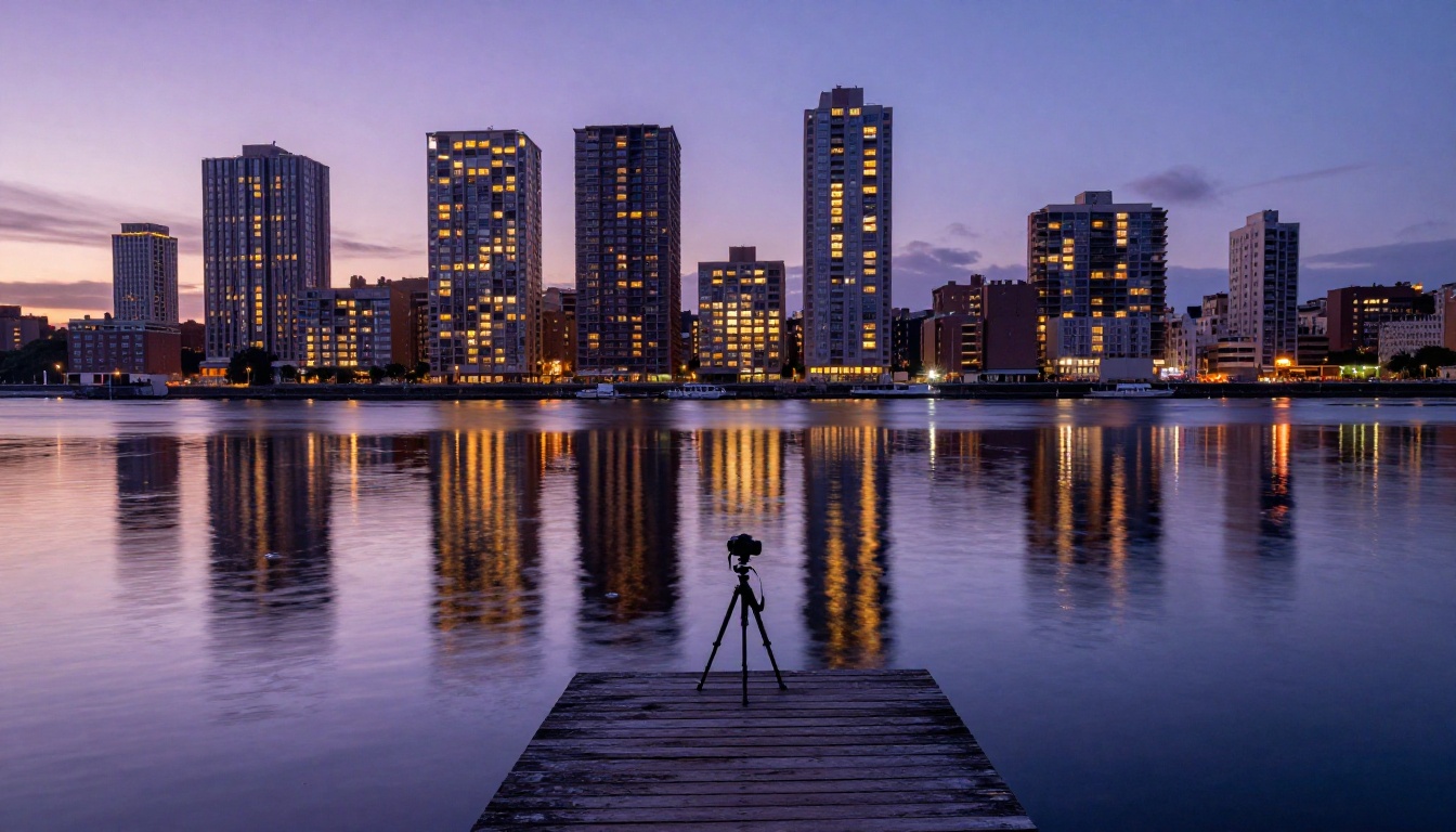 City skyline at blue hour reflected in a calm river City skyline at blue hour reflected in a calm river