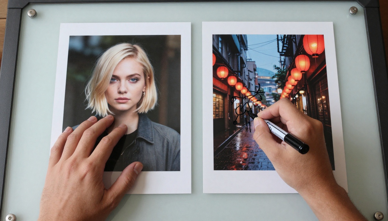Two reference photos being placed side by side on a backlit light table