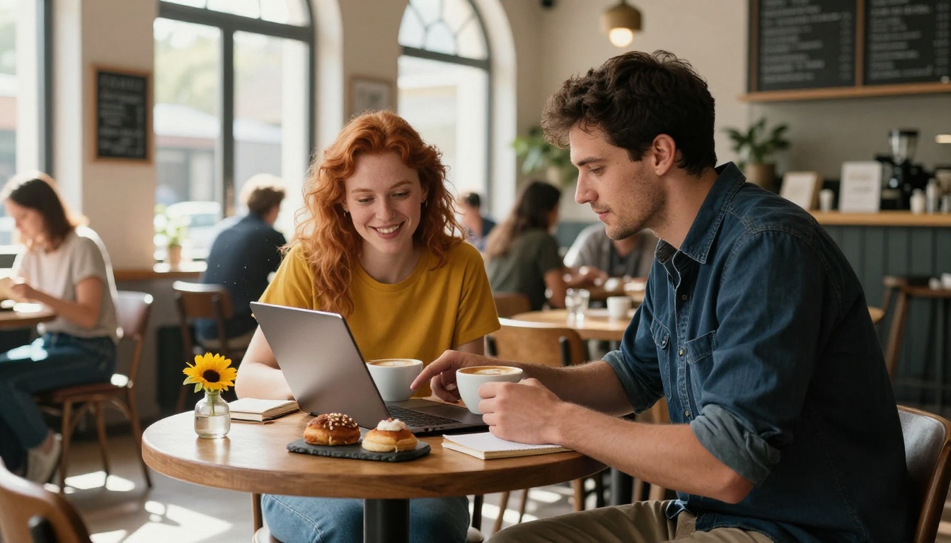 Two friends collaborating with a laptop in a sunlit cafe