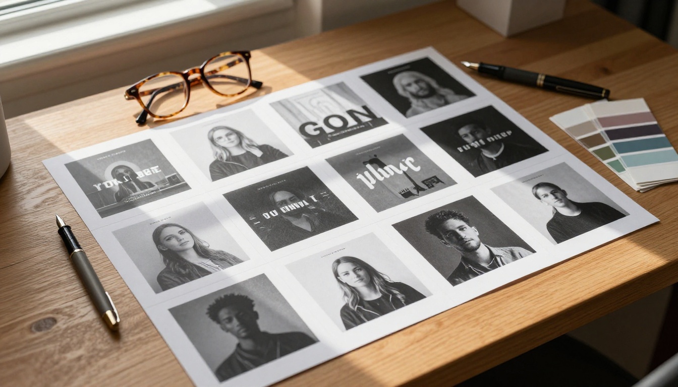 Printed thumbnail mockups arranged on a wooden desk Printed thumbnail mockups arranged on a wooden desk