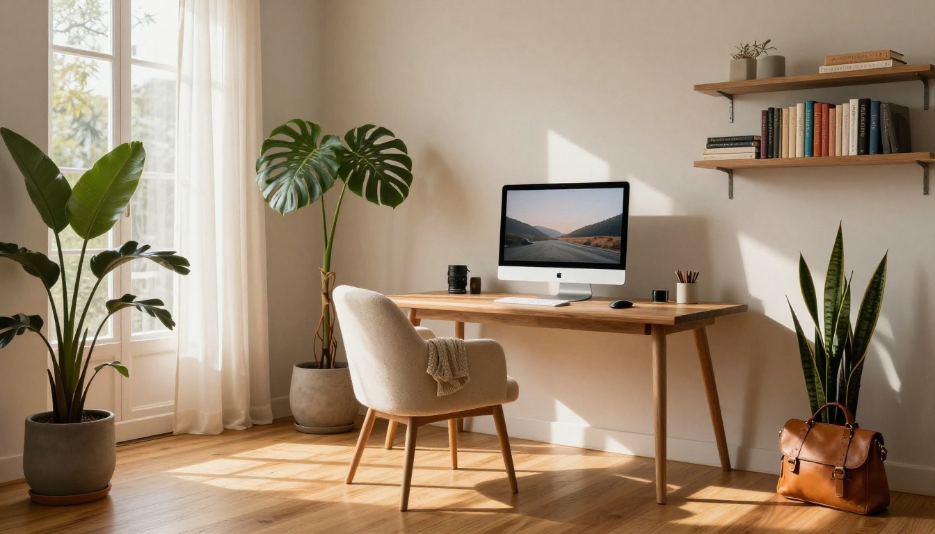 Wide minimalist home office with plants and warm light