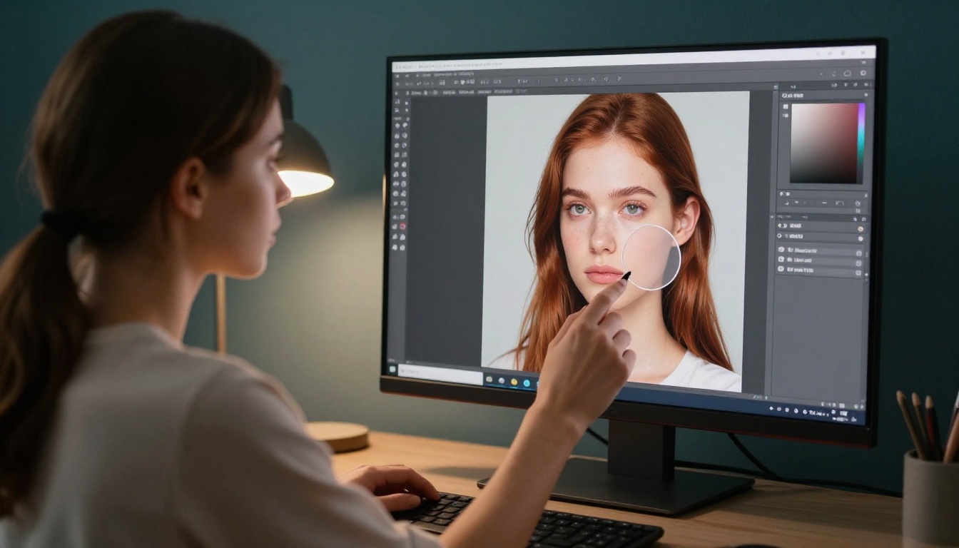 Female digital retoucher refining a single AI character portrait on a color-accurate display