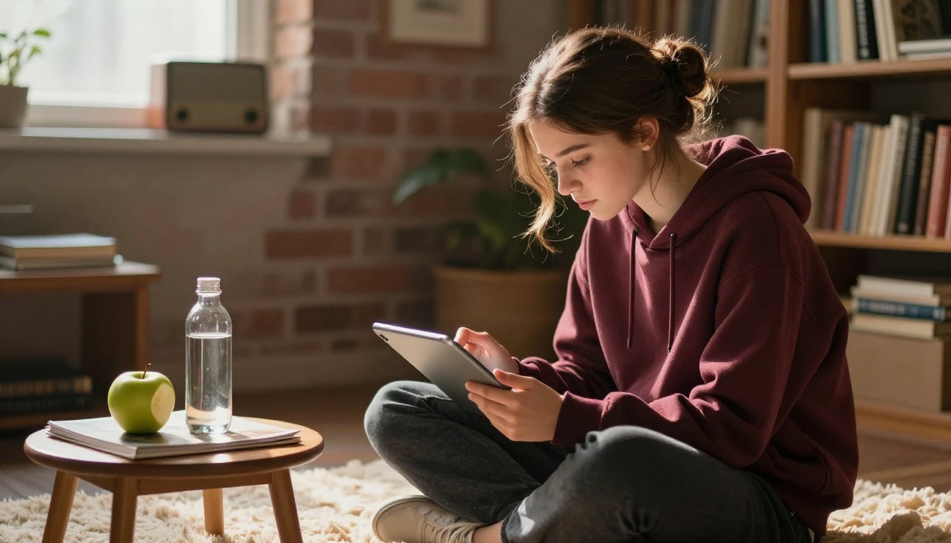 A student browsing references on a tablet in a sunlit reading nook