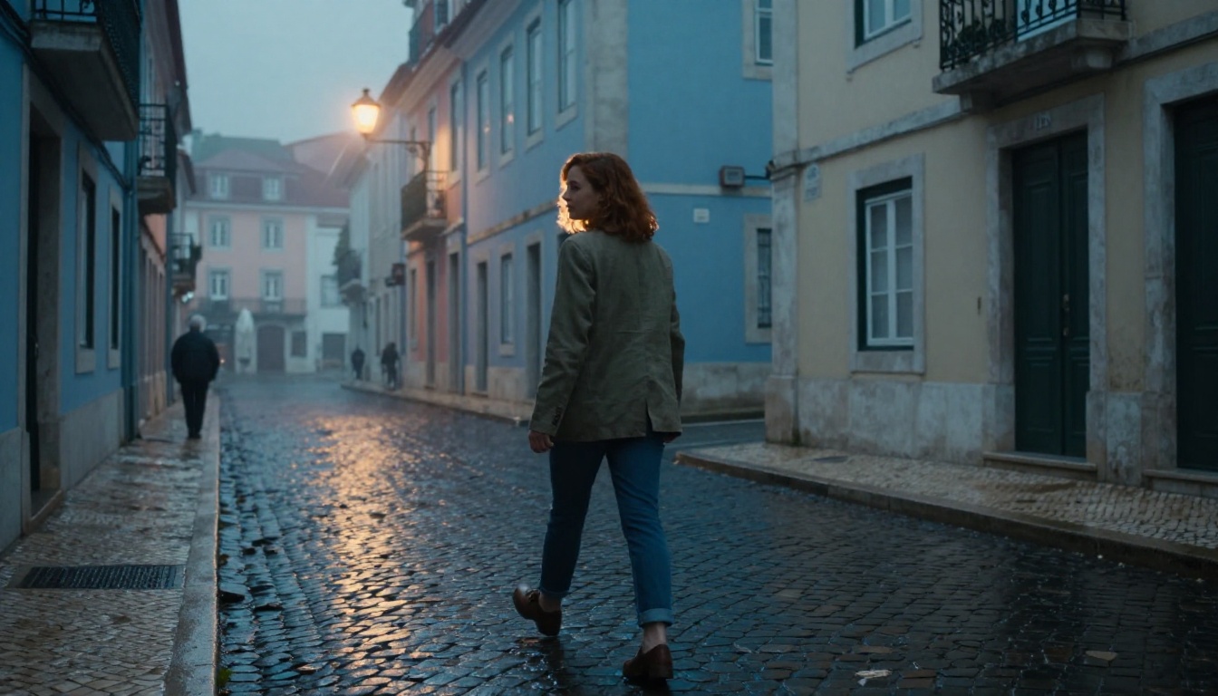 Same auburn-haired female AI character walking through a quiet rain-slicked Lisbon side street at blue hour