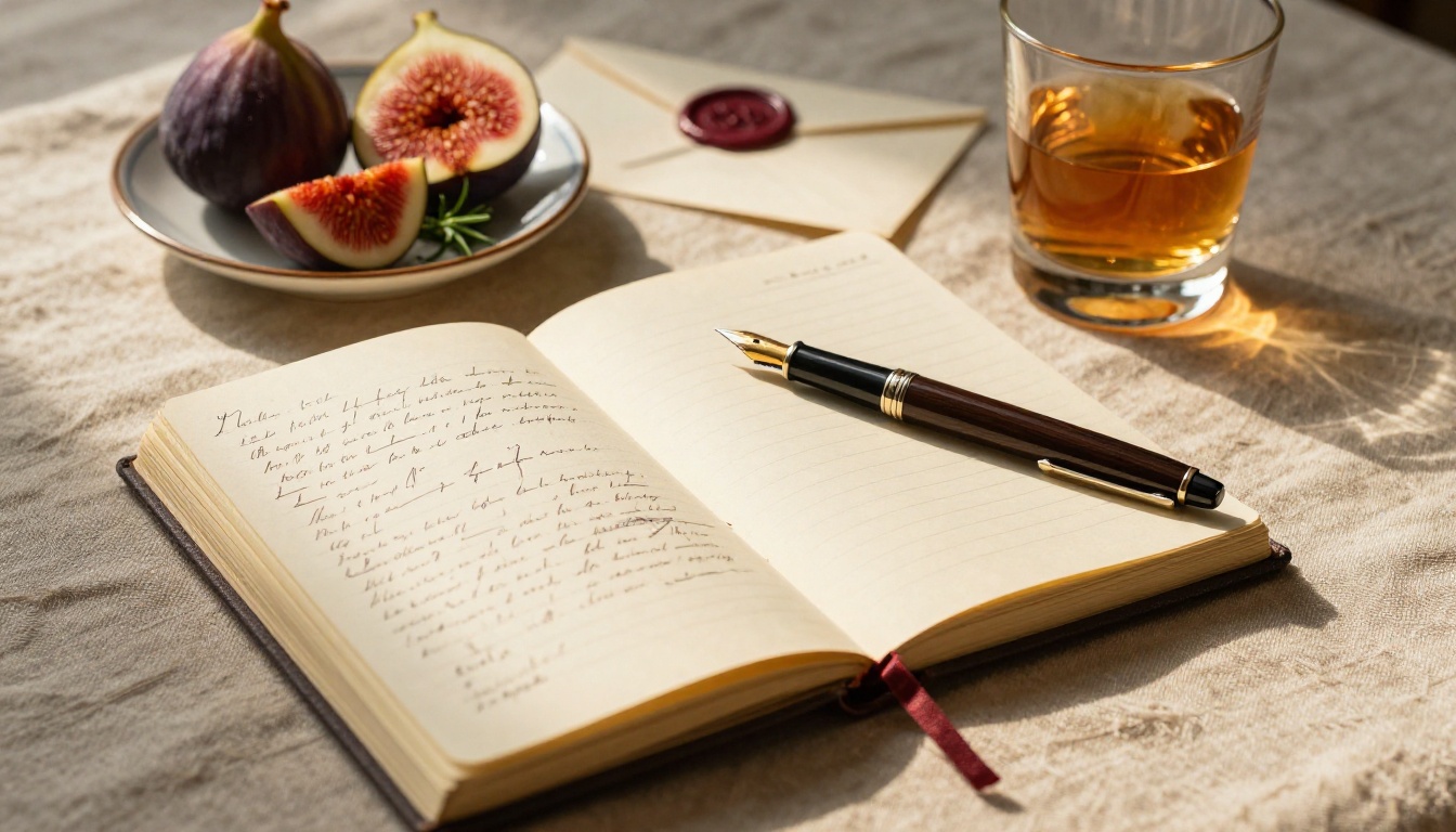 Atmospheric still life of an open notebook and figs in golden light
