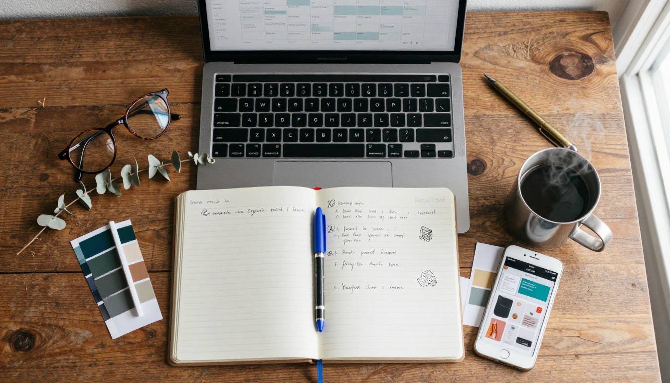 Small business content workstation with laptop, notebook, and phone
