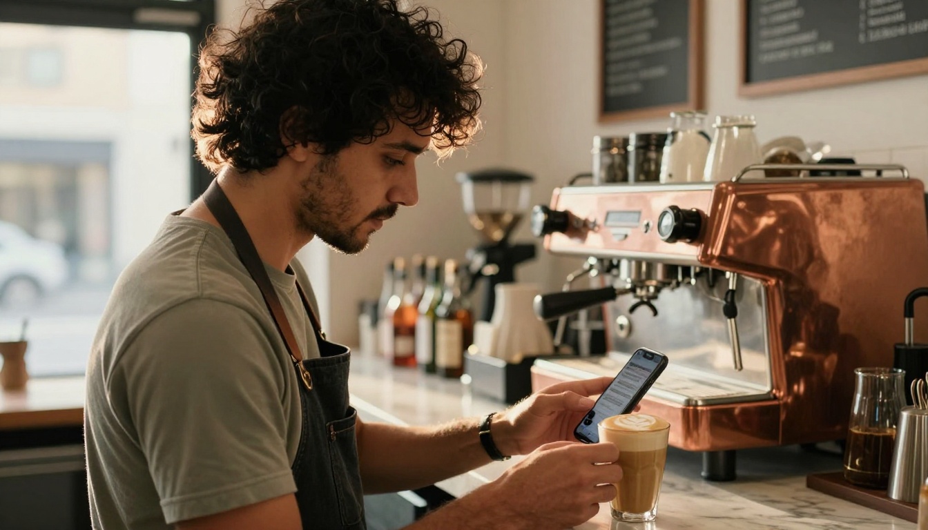 Coffee shop owner shooting a latte with a phone