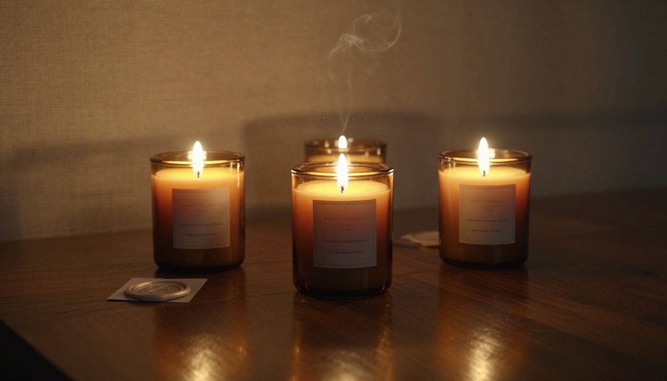 Artisan candles in amber jars with warm side lighting