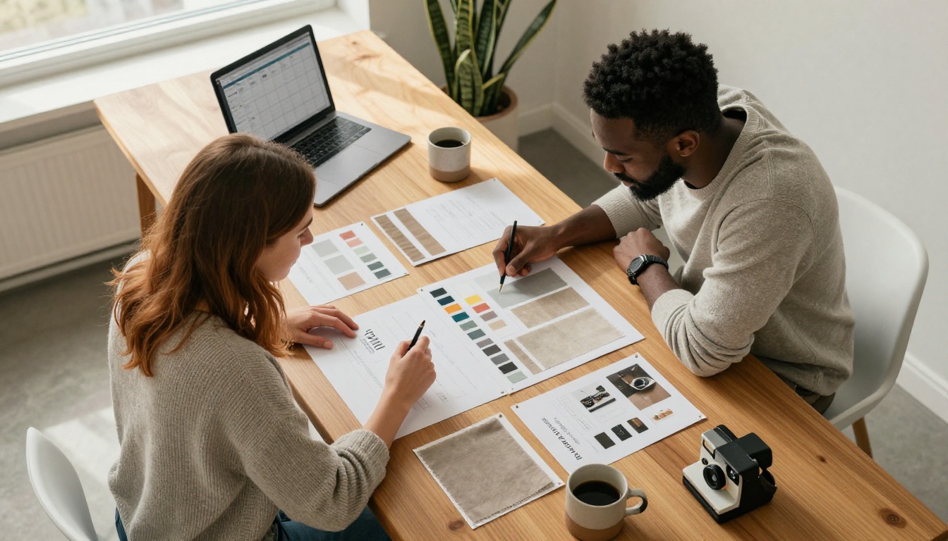 Co-founders reviewing a brand moodboard from above
