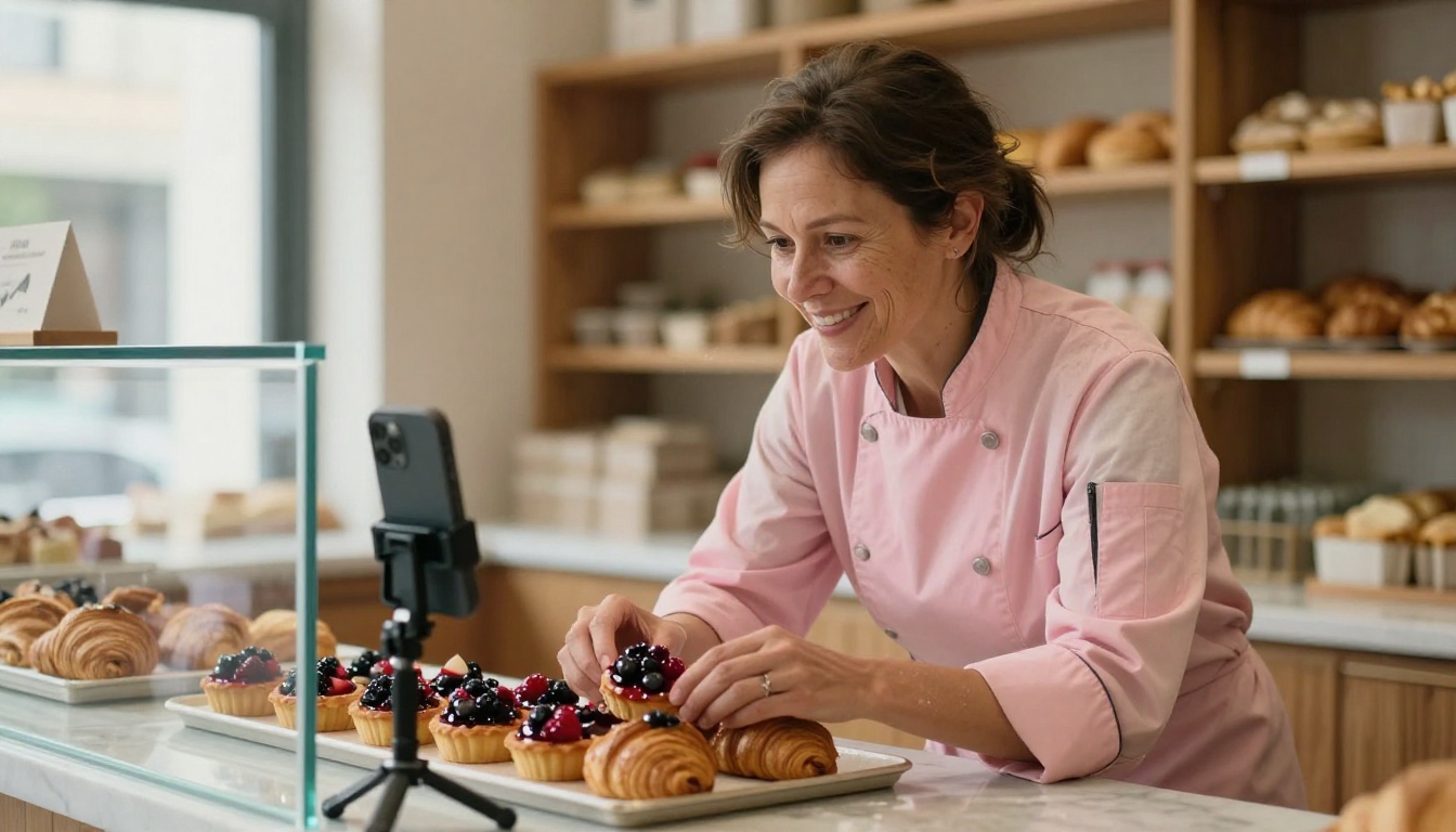 Bakery owner styling a tray of tarts for a phone shot