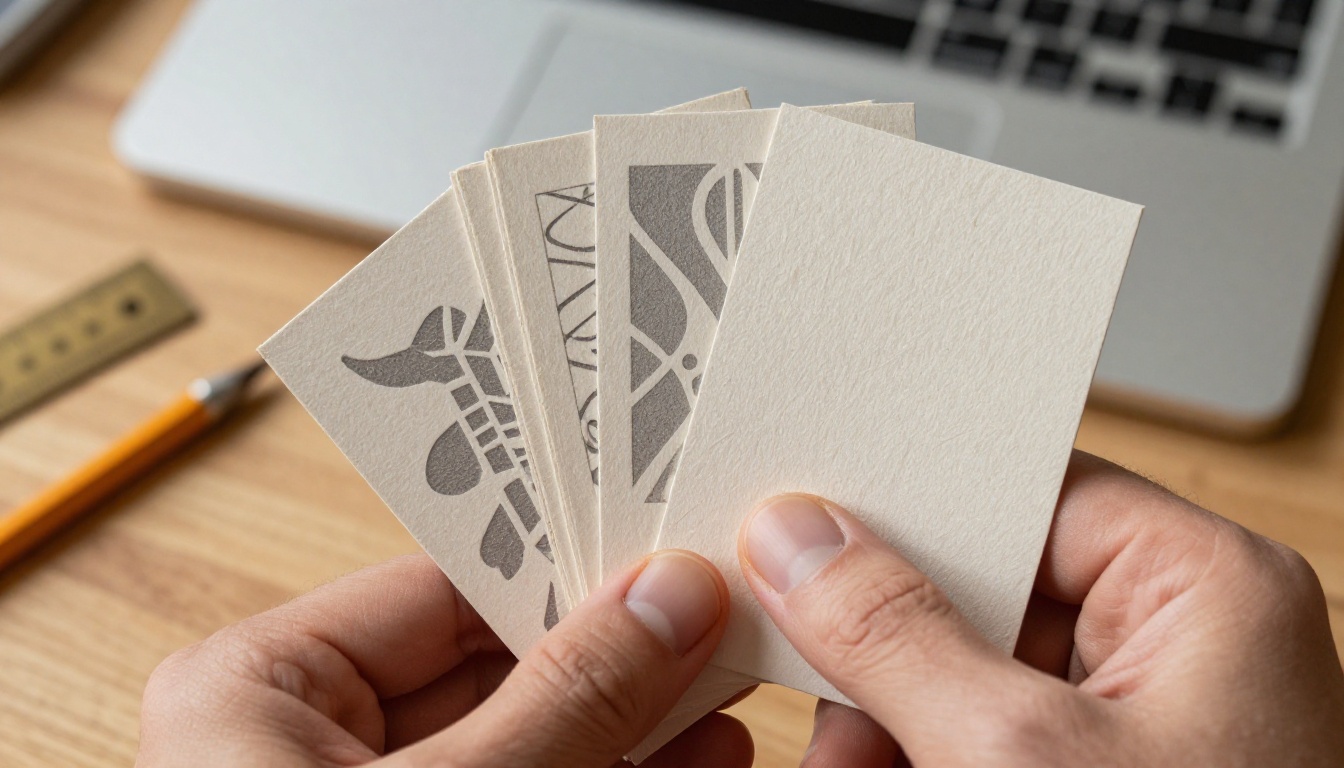Designer holding embossed business cards in macro detail Designer holding embossed business cards in macro detail