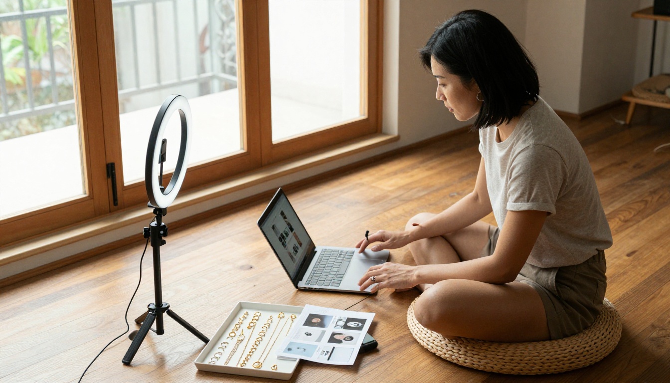 Jewelry brand owner reviewing content drafts on a laptop Jewelry brand owner reviewing content drafts on a laptop