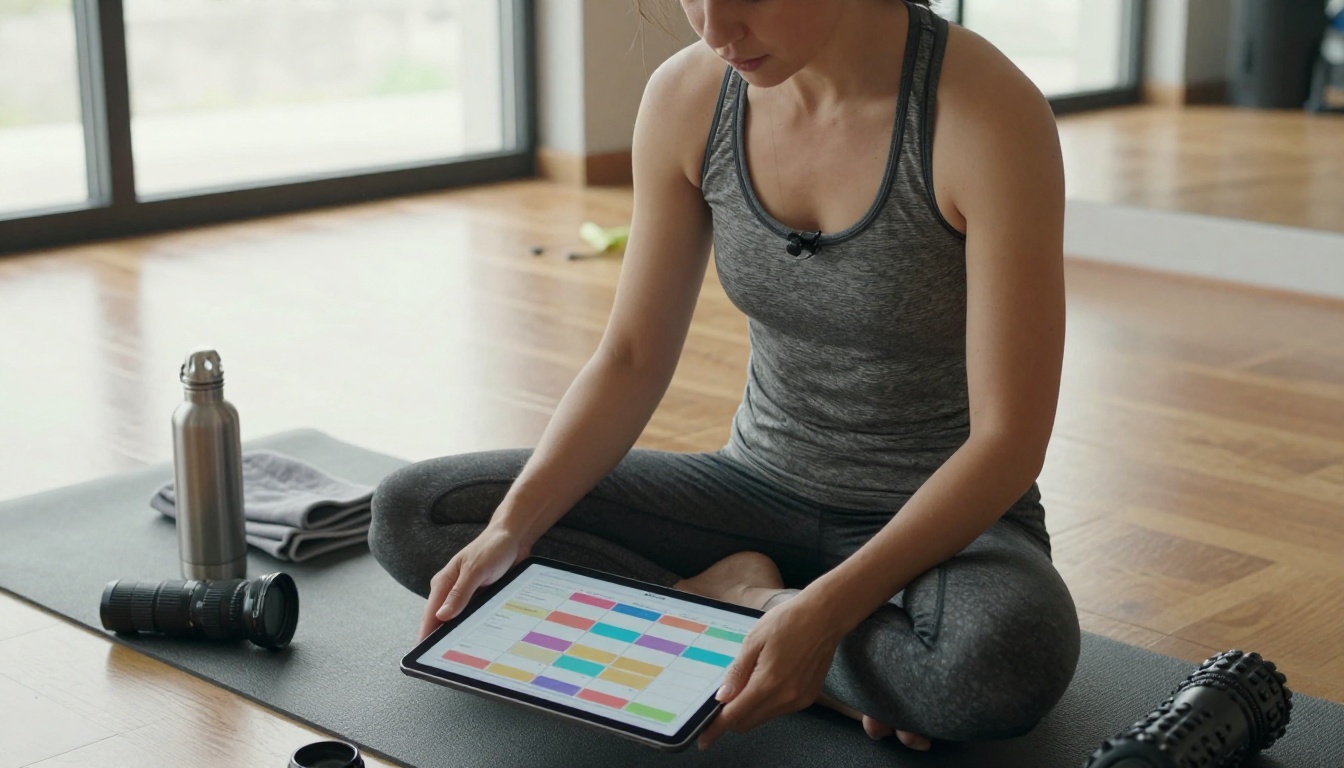 Fitness studio owner planning content from above Fitness studio owner planning content from above