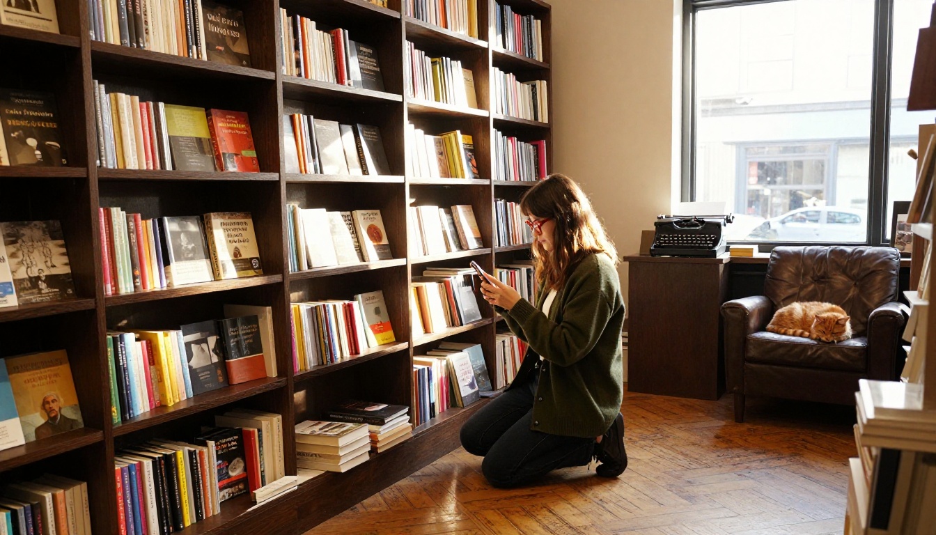 Independent bookstore shopkeeper shooting a display Independent bookstore shopkeeper shooting a display
