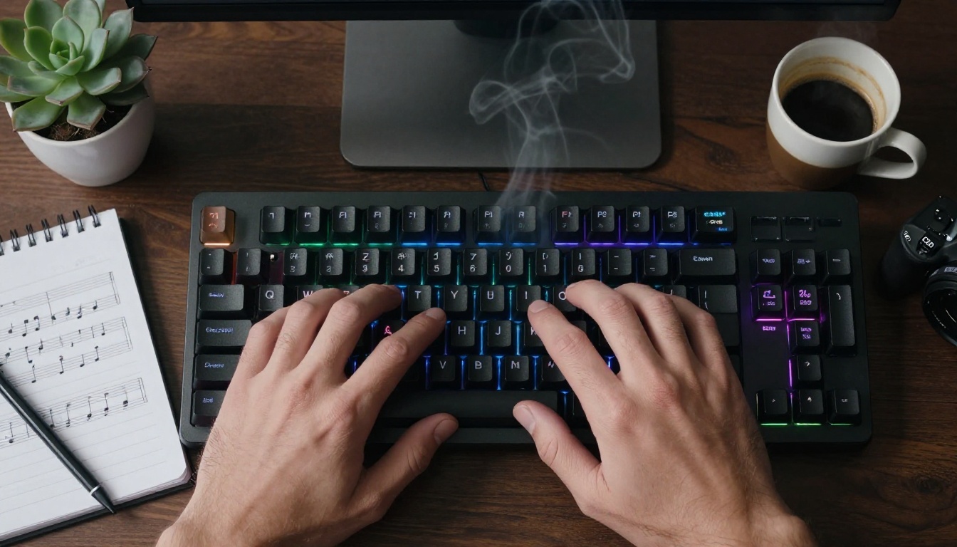 AI music creator composing at home studio workstation with waveform displays AI music creator composing at home studio workstation with waveform displays
