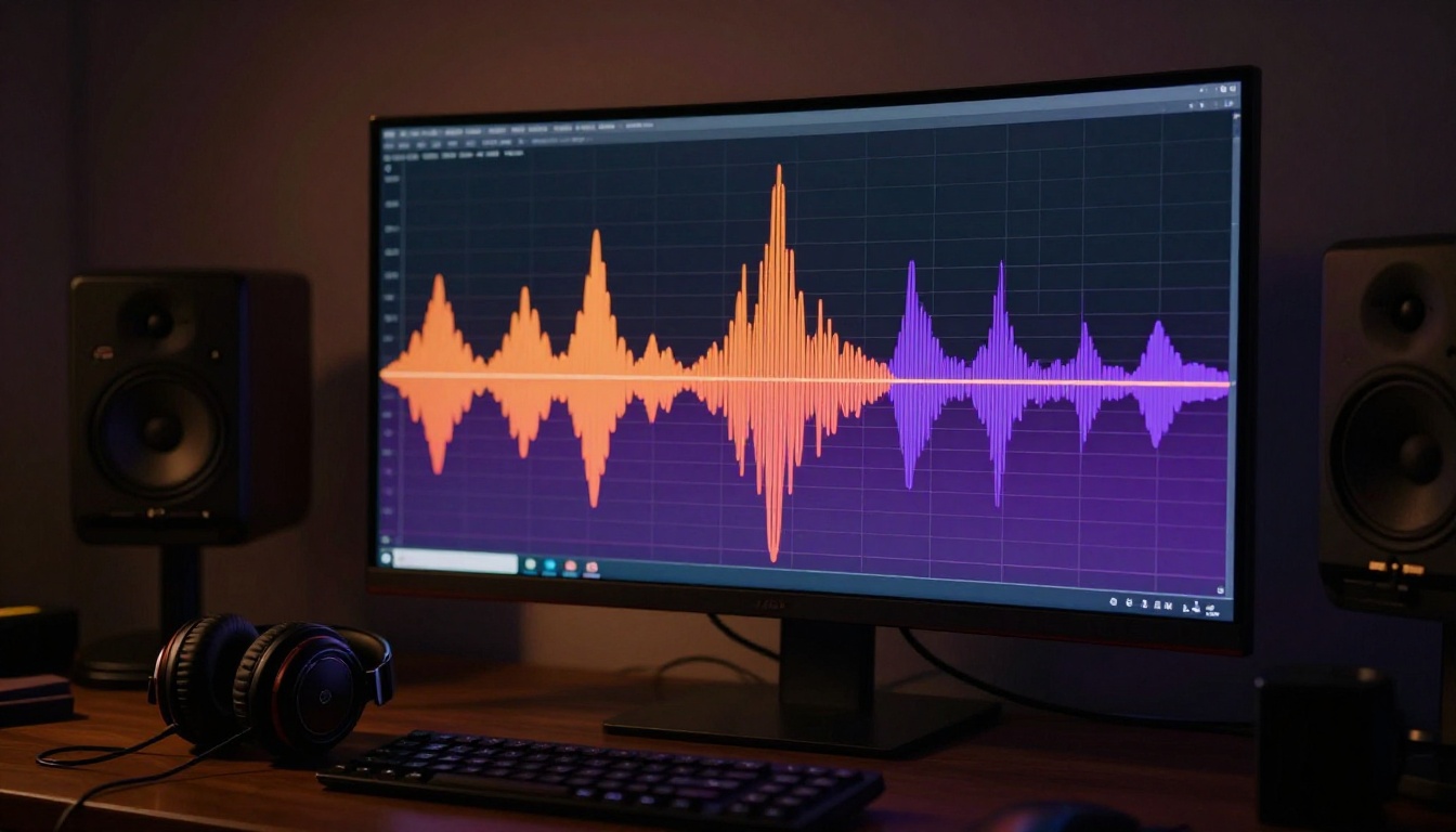 Audio waveform monitor with studio headphones resting on desk Audio waveform monitor with studio headphones resting on desk