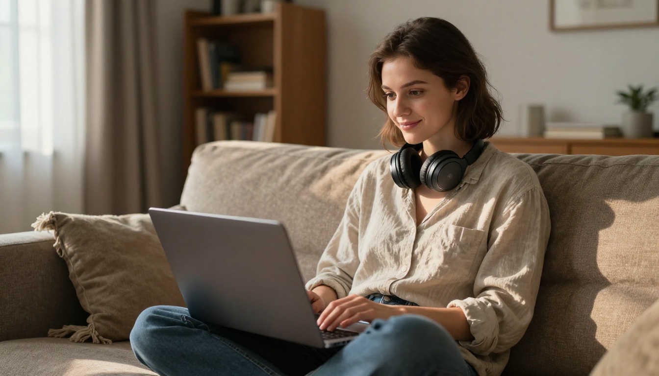 Young woman watching AI music video on laptop at home Young woman watching AI music video on laptop at home