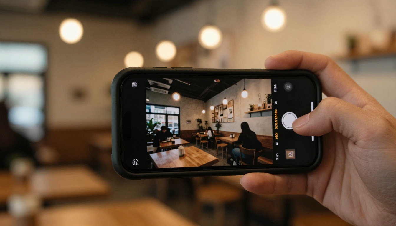Smartphone showing music video content held in hand at cafe Smartphone showing music video content held in hand at cafe