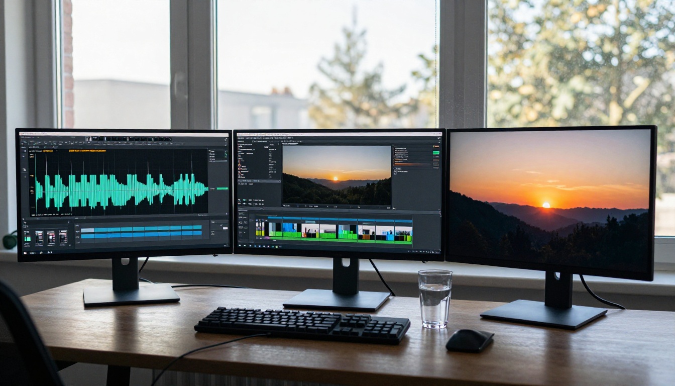 Three-monitor video production workspace showing waveform, timeline, and color-graded footage Three-monitor video production workspace showing waveform, timeline, and color-graded footage