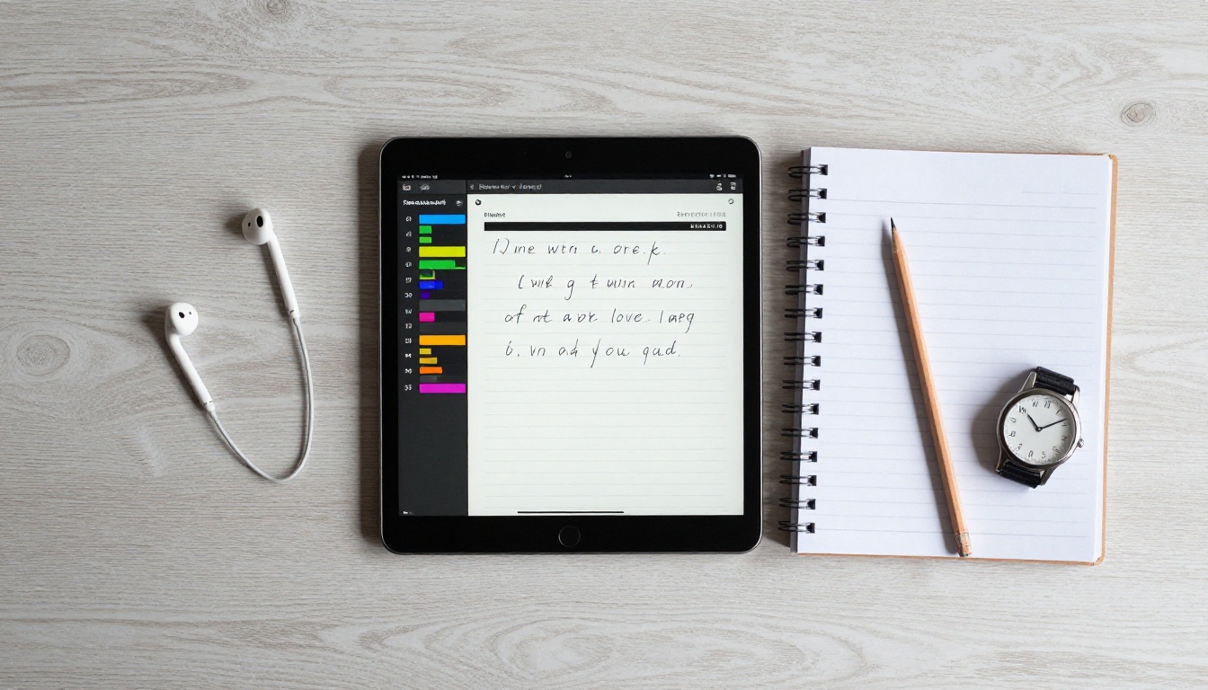 Music composition flat lay with lyrics notebook, earbuds, and wristwatch Music composition flat lay with lyrics notebook, earbuds, and wristwatch