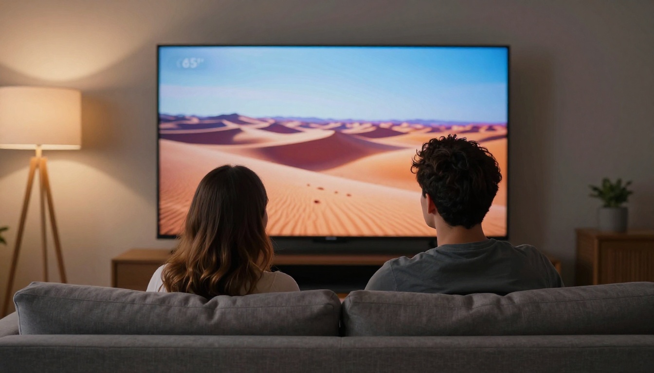 Two friends on sofa watching AI-generated music video on large TV Two friends on sofa watching AI-generated music video on large TV