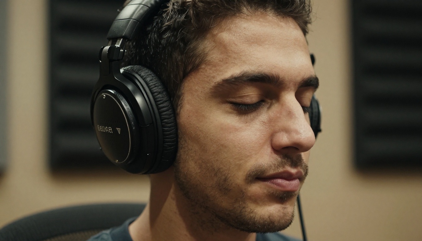 Professional music producer with headphones in closed-eye concentration Professional music producer with headphones in closed-eye concentration