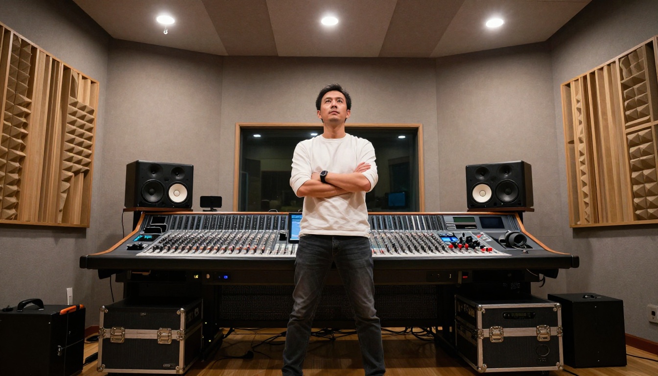 Professional music producer standing confidently in front of studio mixing console Professional music producer standing confidently in front of studio mixing console