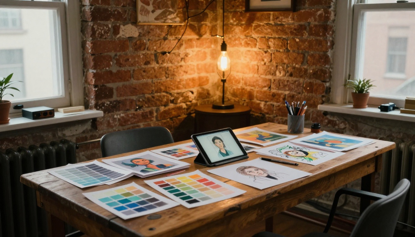 Cozy creative workspace with exposed brick wall and tablet