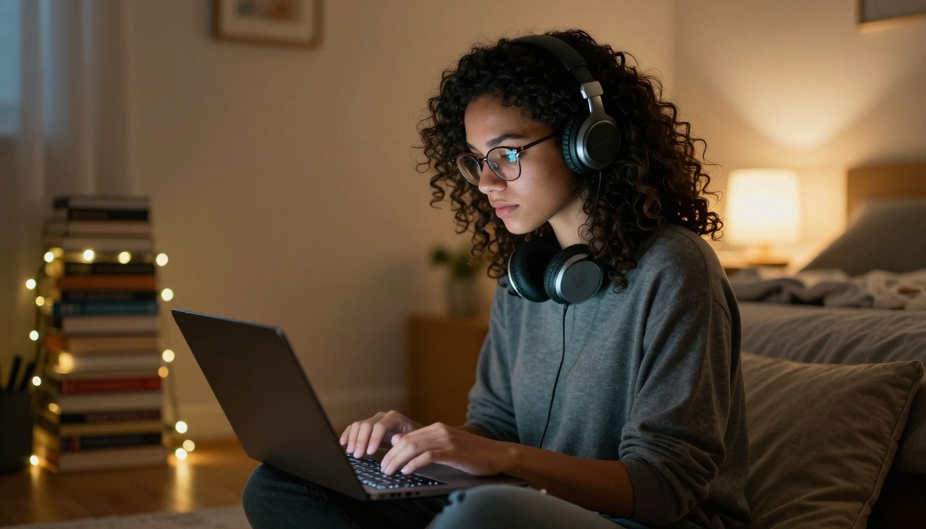Woman with headphones working on laptop in cozy bedroom setting