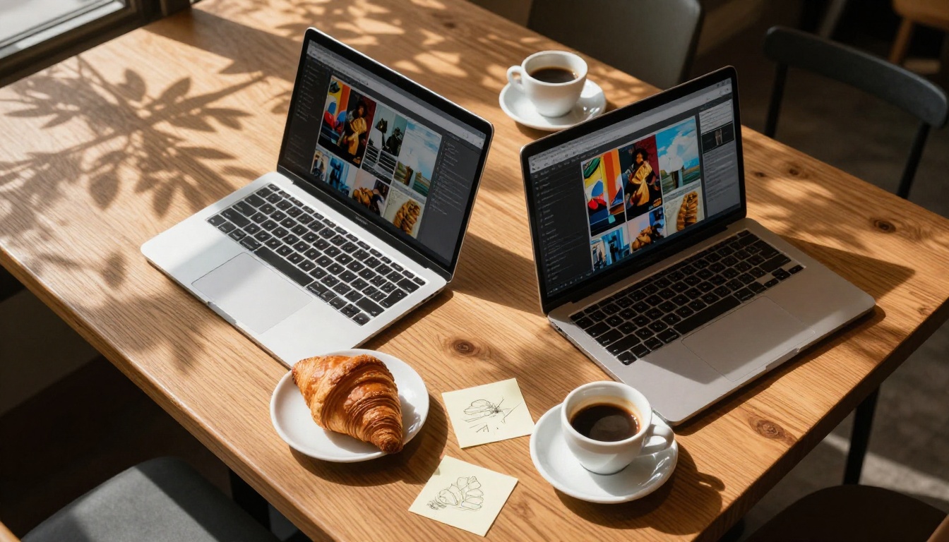 Two people with laptops in a sunlit coffee shop