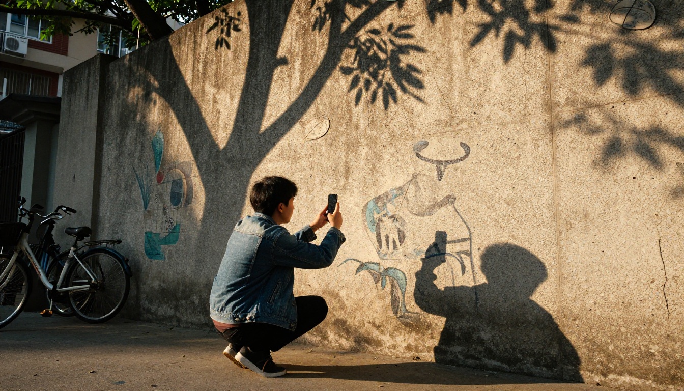 Young man photographing street mural with smartphone at golden hour