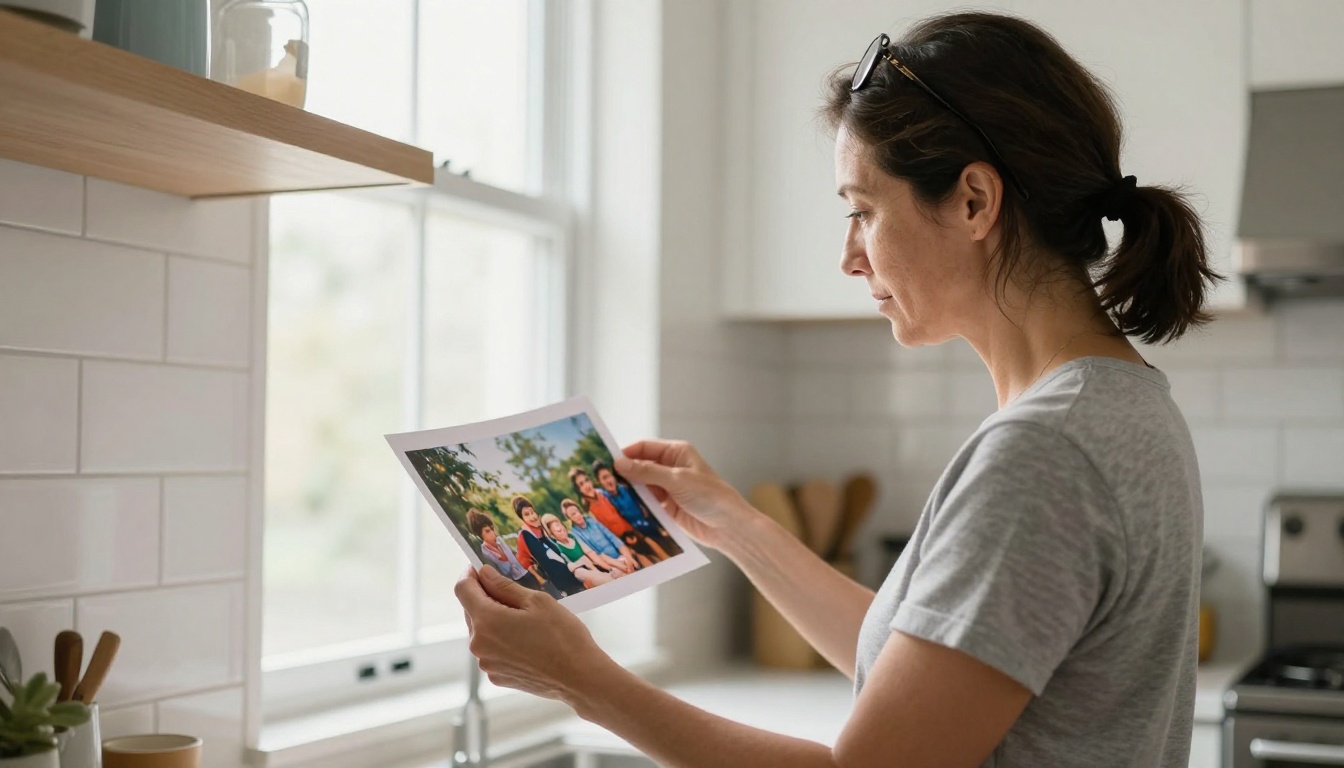 Woman reviewing printed photograph in bright kitchen