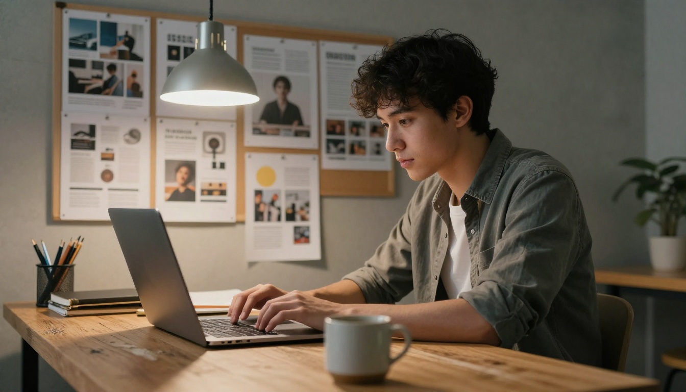 A digital marketer working in a modern creative studio surrounded by ad mockups pinned to a cork board A digital marketer working in a modern creative studio surrounded by ad mockups pinned to a cork board