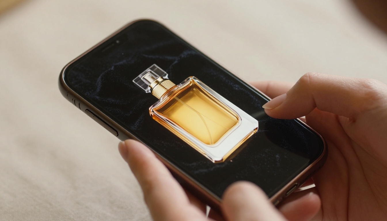 Close-up of a woman holding a smartphone displaying a luxury perfume advertisement on the screen Close-up of a woman holding a smartphone displaying a luxury perfume advertisement on the screen