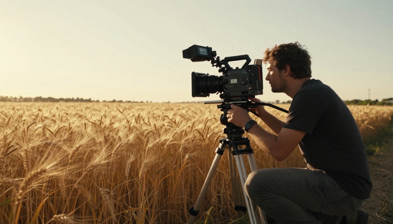 Cinematographer filming in golden hour landscape