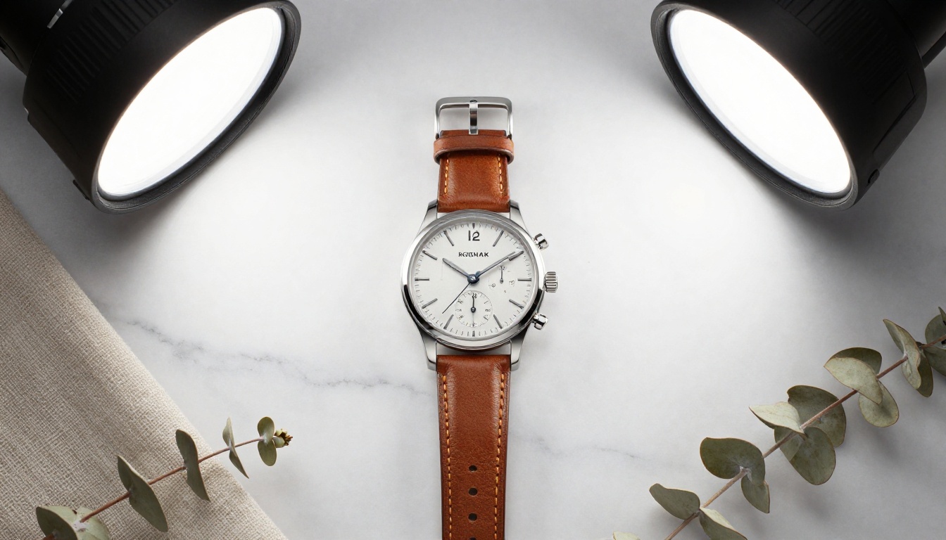 Luxury product flatlay with silver watch on white Carrara marble for advertising photography Luxury product flatlay with silver watch on white Carrara marble for advertising photography