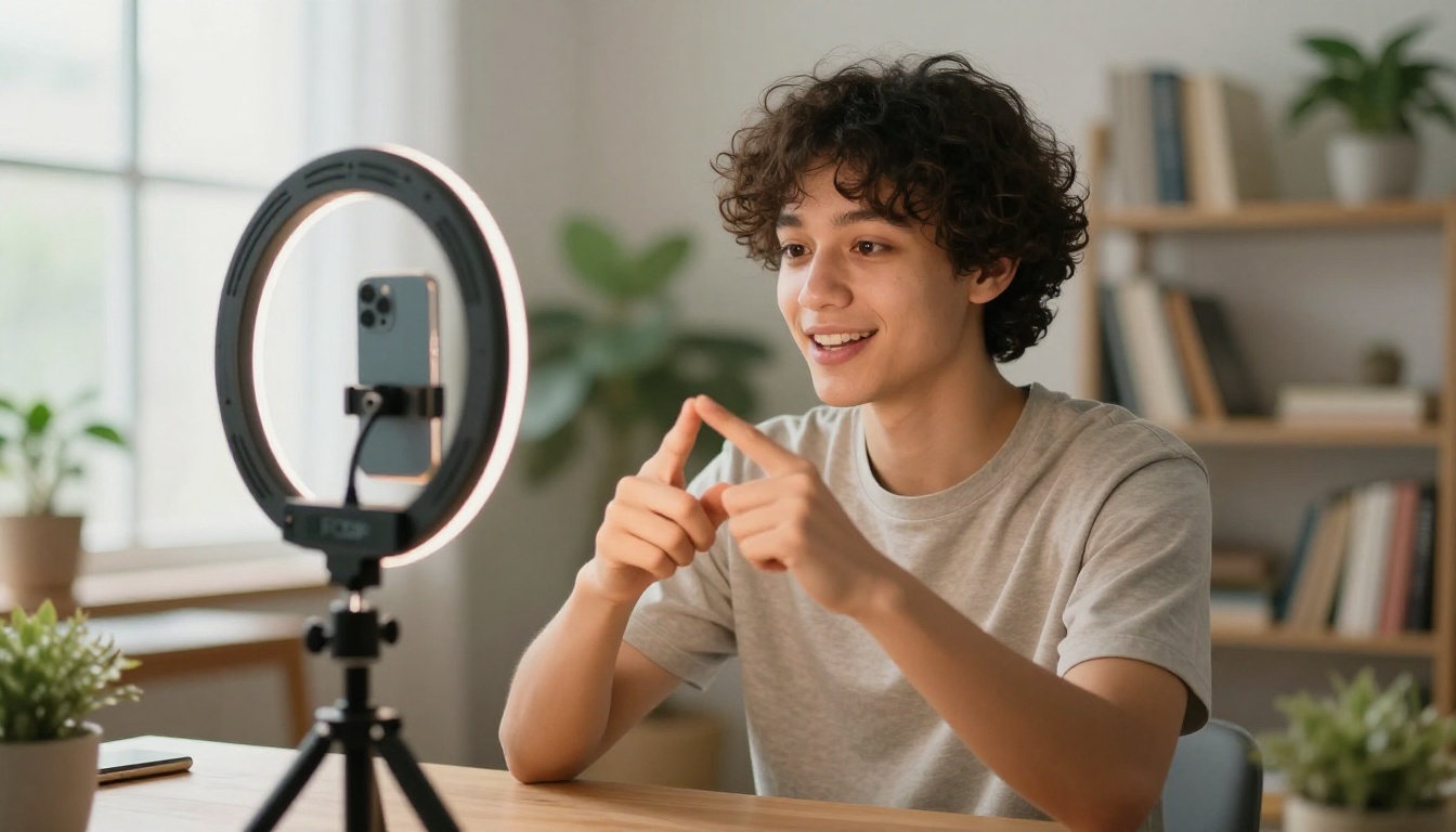 Social media content creator filming at home