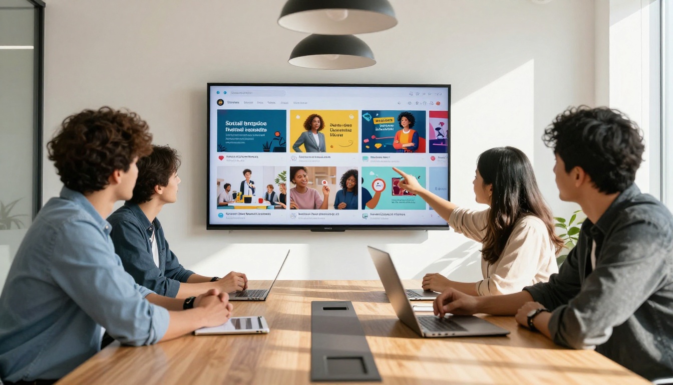 A creative team of three professionals reviewing AI-generated ad concepts on a large boardroom screen A creative team of three professionals reviewing AI-generated ad concepts on a large boardroom screen