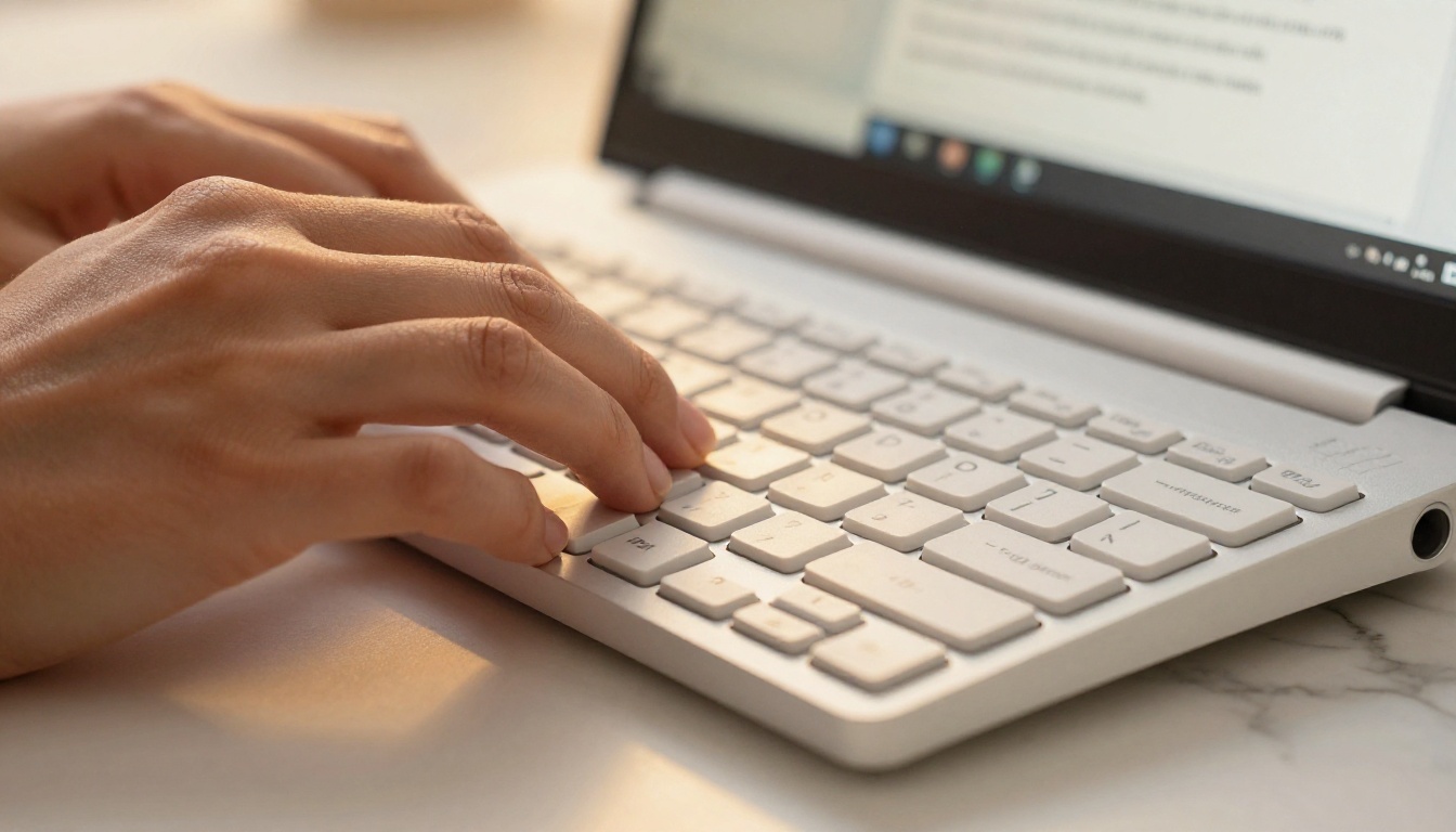 Close-up of female hands typing an AI image prompt on a white mechanical keyboard Close-up of female hands typing an AI image prompt on a white mechanical keyboard