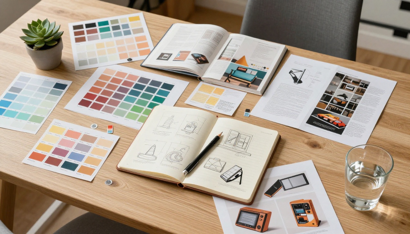 Aerial view of a designer's workspace with ad mockups, color swatches, and sketchbooks spread across a light oak desk Aerial view of a designer's workspace with ad mockups, color swatches, and sketchbooks spread across a light oak desk