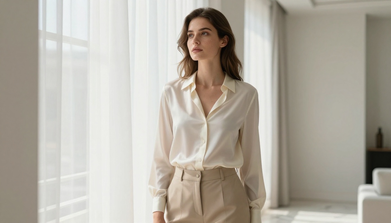 An elegant young woman in a minimalist luxury apartment that reads as a high-end fashion advertisement An elegant young woman in a minimalist luxury apartment that reads as a high-end fashion advertisement