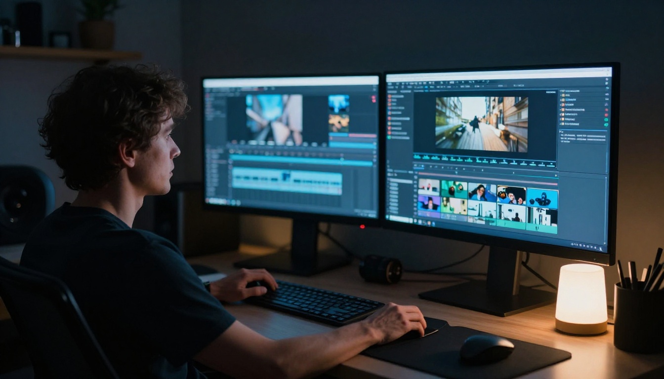 Video editor working late with AI footage on screen Video editor working late with AI footage on screen