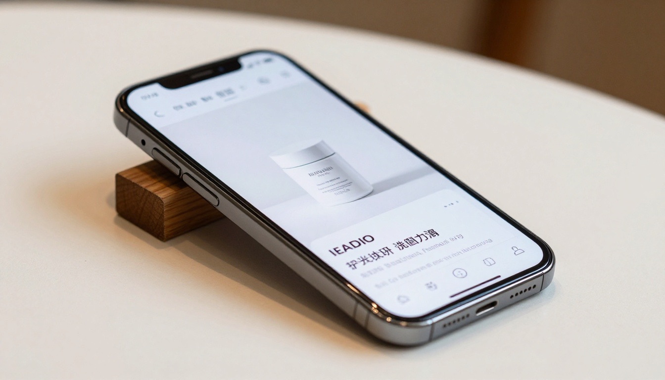 A modern smartphone showing a professional skincare product e-commerce advertisement on a clean white surface A modern smartphone showing a professional skincare product e-commerce advertisement on a clean white surface