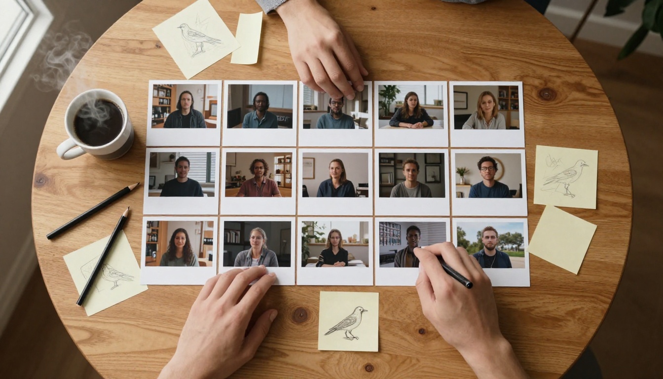Storyboard planning with AI video frames arranged on a table Storyboard planning with AI video frames arranged on a table