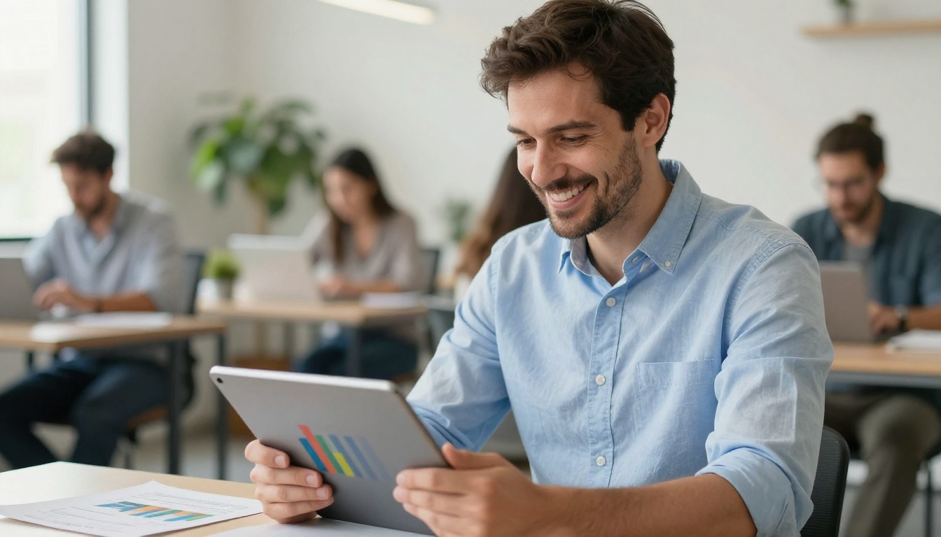 A smiling professional man reviewing ad campaign analytics on a silver tablet in a bright co-working space A smiling professional man reviewing ad campaign analytics on a silver tablet in a bright co-working space