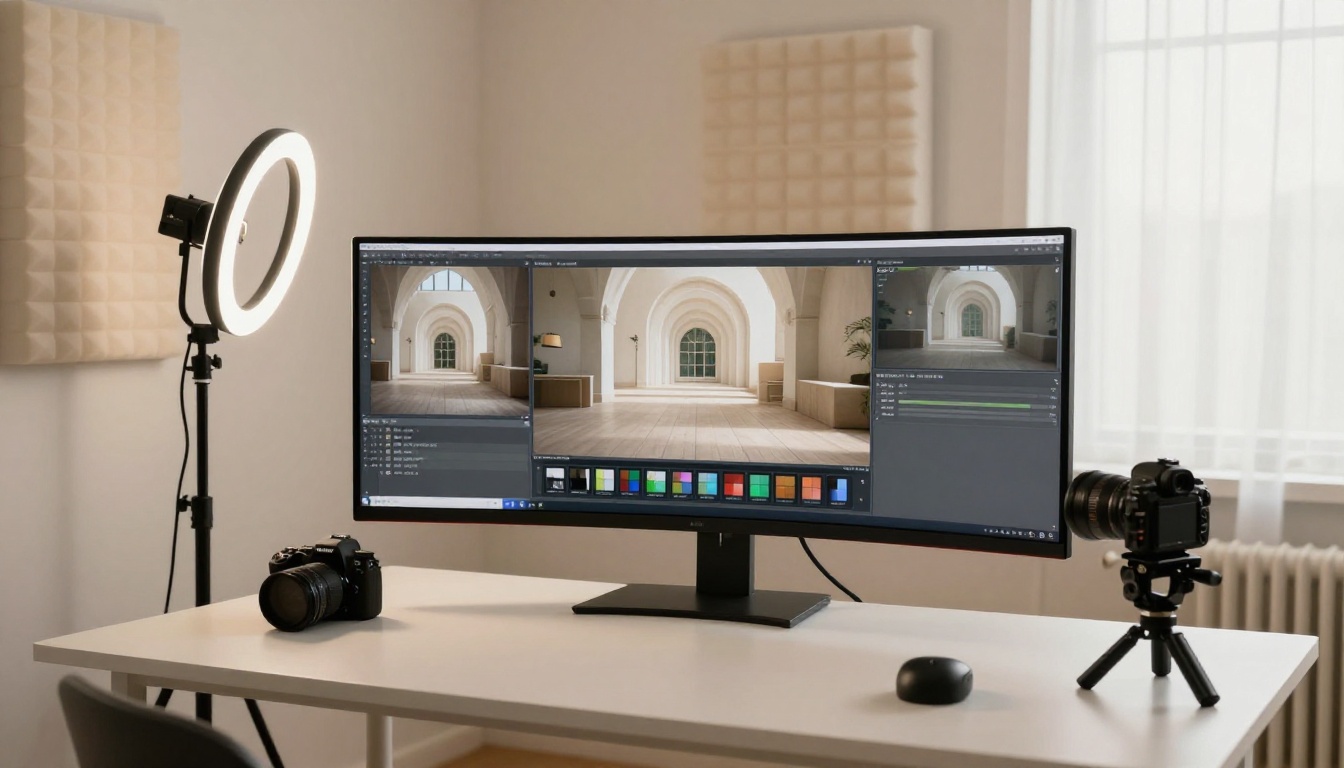Home studio with ultrawide monitor showing before-and-after upscaling comparison